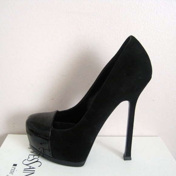 YSL Yves Saint Laurent Tribtoo 105 Black Suede Patent Cap Toe Shoes 39.5